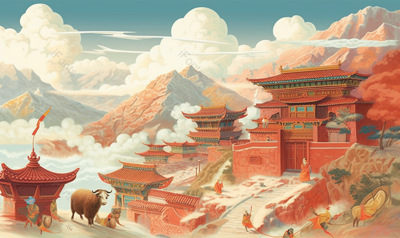 朝圣色达城市红房子天葬台牦牛佛学院插画国潮风格,插画/手绘图,插画/手绘图库,插画/手绘图下载,插画/手绘